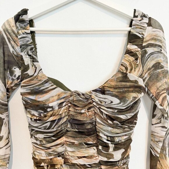 Zara Mesh Long Sleeve Ruched Marble Print Bodycon Mini Dress Stretchy Size XS - Picture 8 of 11
